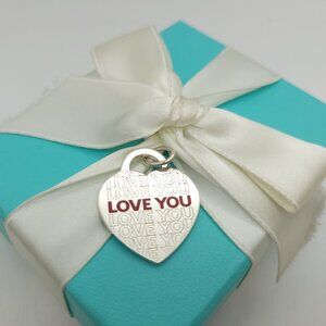 NEW Tiffany & Co. Sterling Silver Red Enamel "I LOVE YOU" Heart Charm Pendant